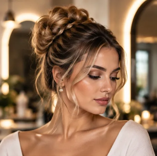 Klientka z eleganckim upięciem z luźnymi pasmami przy twarzy